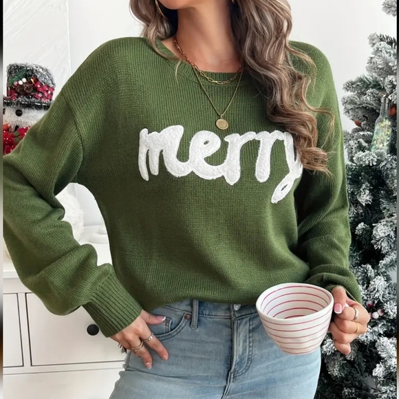 MERRY Print Drop Shoulder Sweater, Casual Simple Crew Neck Long Sleeve Pullover - Picture 2 of 7